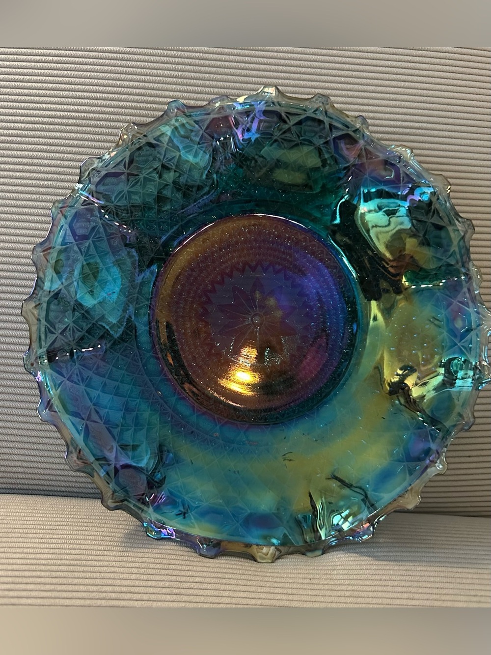 10-inch Indiana Glass Carnival Glass bowl (blue/green/purple)